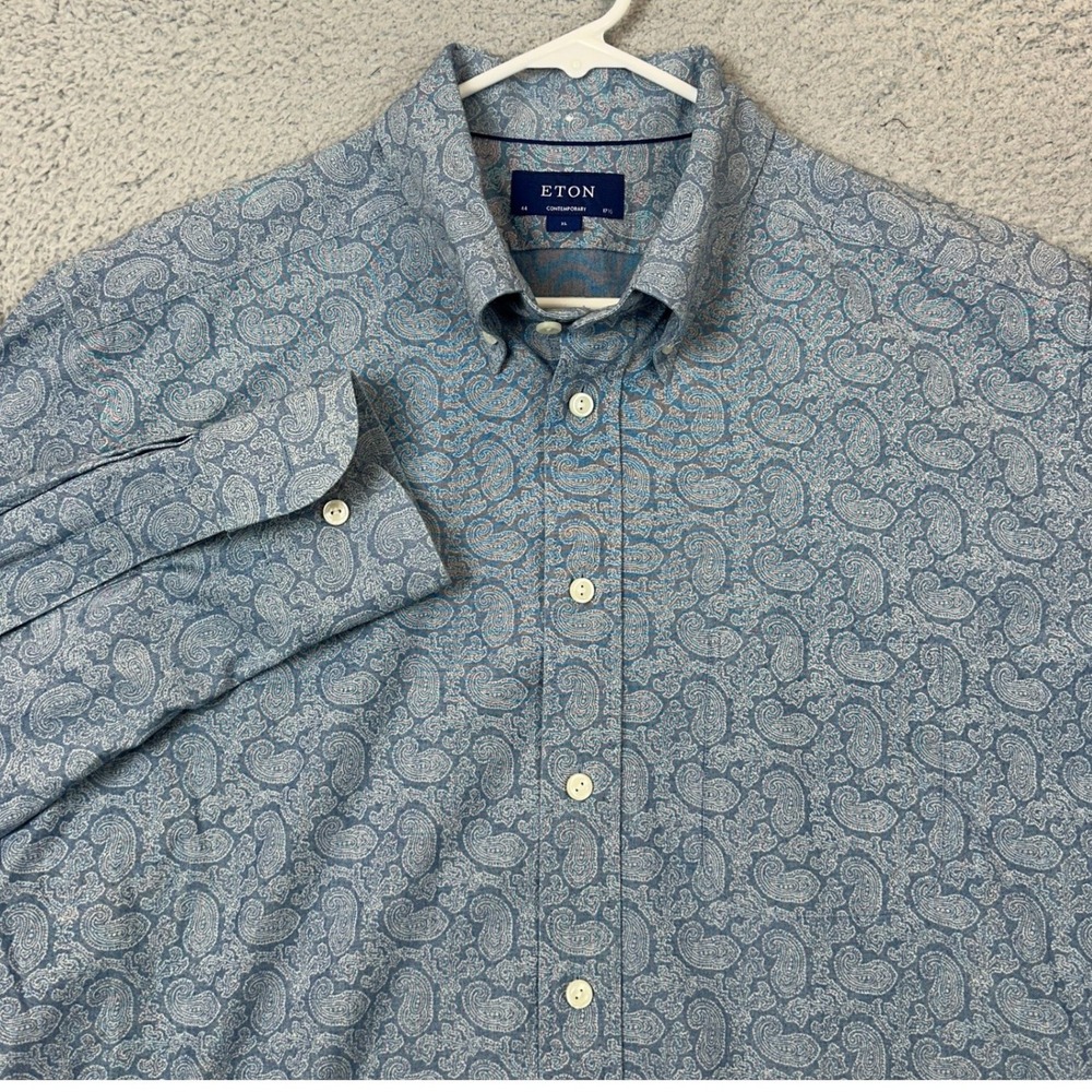 Eton Shirt Mens XL 17.5-44 Contemporary Blue White Paisley Dress Button Down EUC